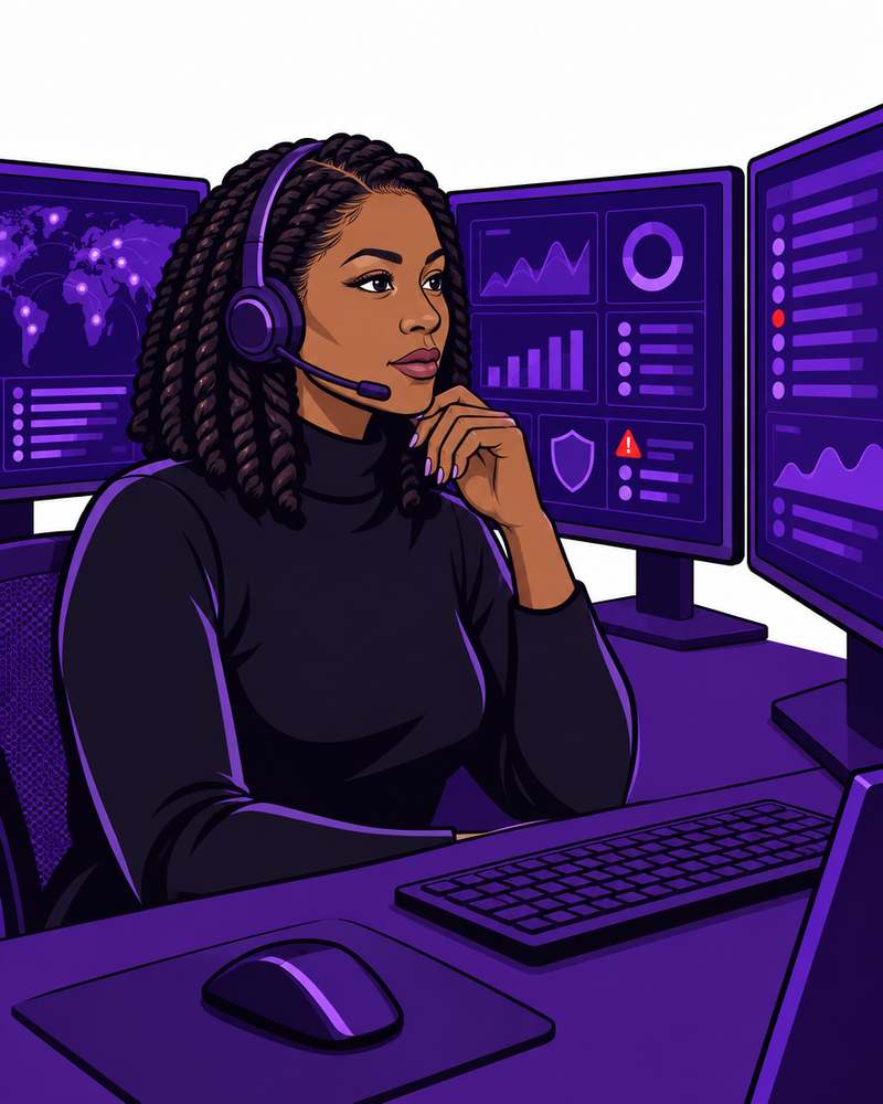 An illustrated Black woman working at a cybersecurity workstation
